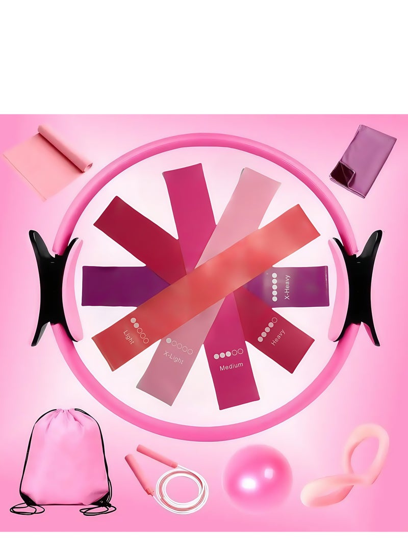 دي إم جي تك مجموعة حلقات بيلاتيس الدائرية، مجموعة لياقة بدنية يوجا من 12 قطعة مع أشرطة مقاومة، حزام شد، كرة تمرين 25 سم، حلقة يوجا، معدات تمرين في المنزل للنساء، مناسبة للساقين والذراعين والفخذين - Image 1