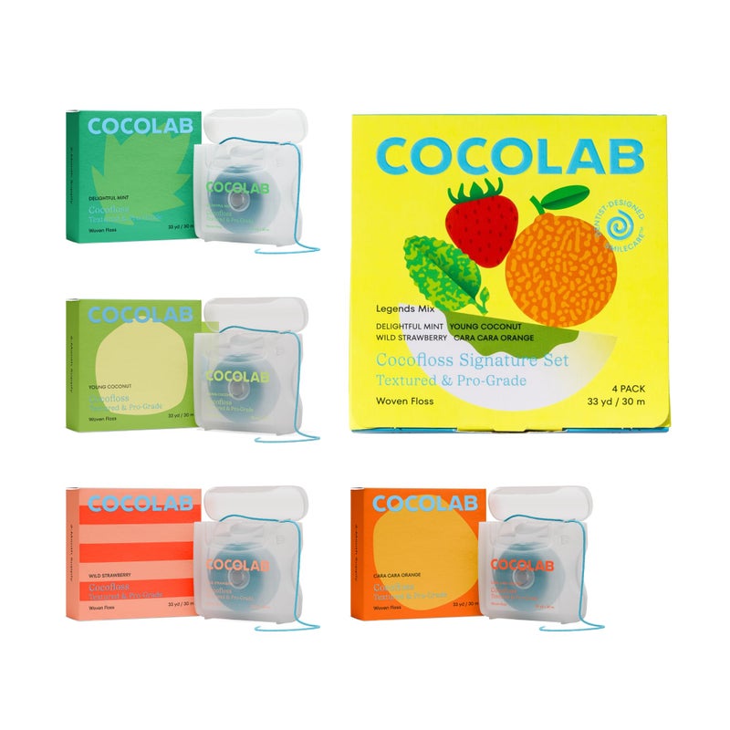 Cocofloss Woven Dental Floss DentistDesigned Oral Care Waxed Vegan KidFriendly with Coconut Oil 4Pack of Mint Coconut Orange Strawberry 33 yard Each