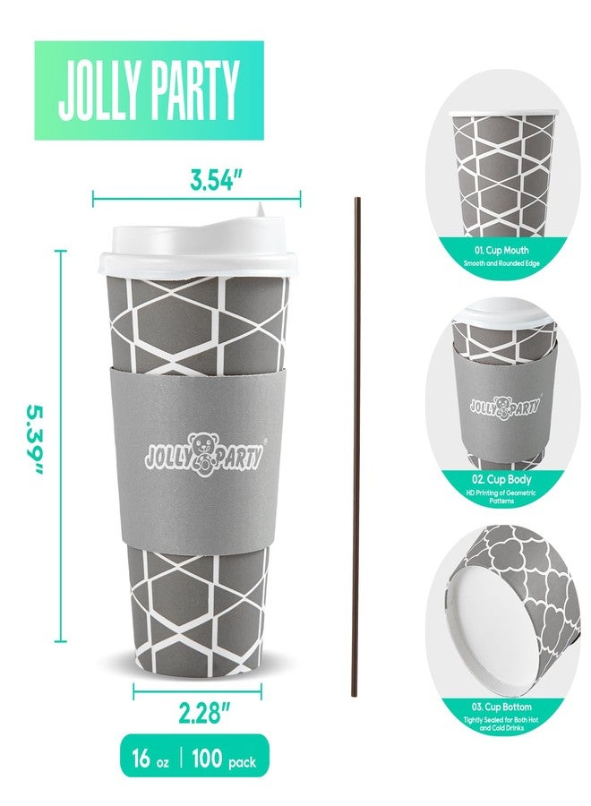 JOLLY PARTY مجموعة جولي بارتي [100 مجموعة] أكواب قهوة ورقية سعة 16 أونصة، أكواب قهوة للاستخدام مرة واحدة مع أغطية وأكمام وماصات، أكواب للمشروبات الساخنة والباردة مثل الماء والقهوة والشاي، أكواب محمولة مناسبة للمكتب والسفر - Image 2