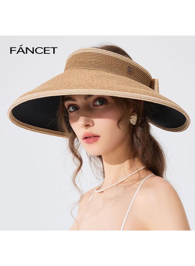 Fancet Women's Spring And Summer Style Color-block Hat, Black Glue Wide Brim Sun Protection Straw Hat For Travel And Vacation, Breathable Sunhat - Image 1