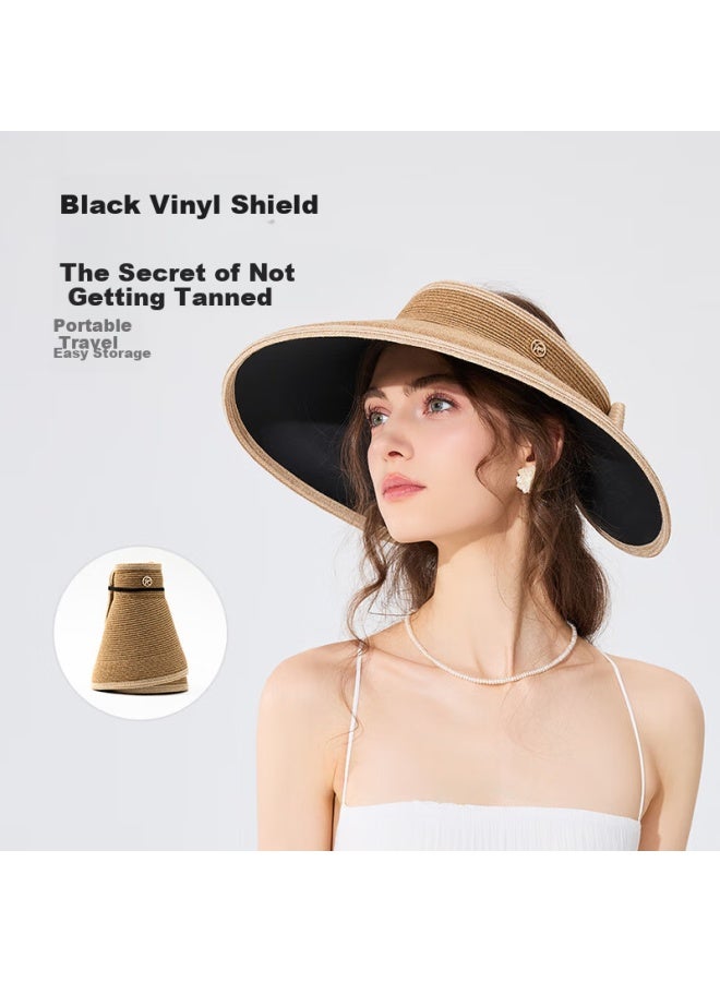 Fancet Women's Spring And Summer Style Color-block Hat, Black Glue Wide Brim Sun Protection Straw Hat For Travel And Vacation, Breathable Sunhat - Image 4