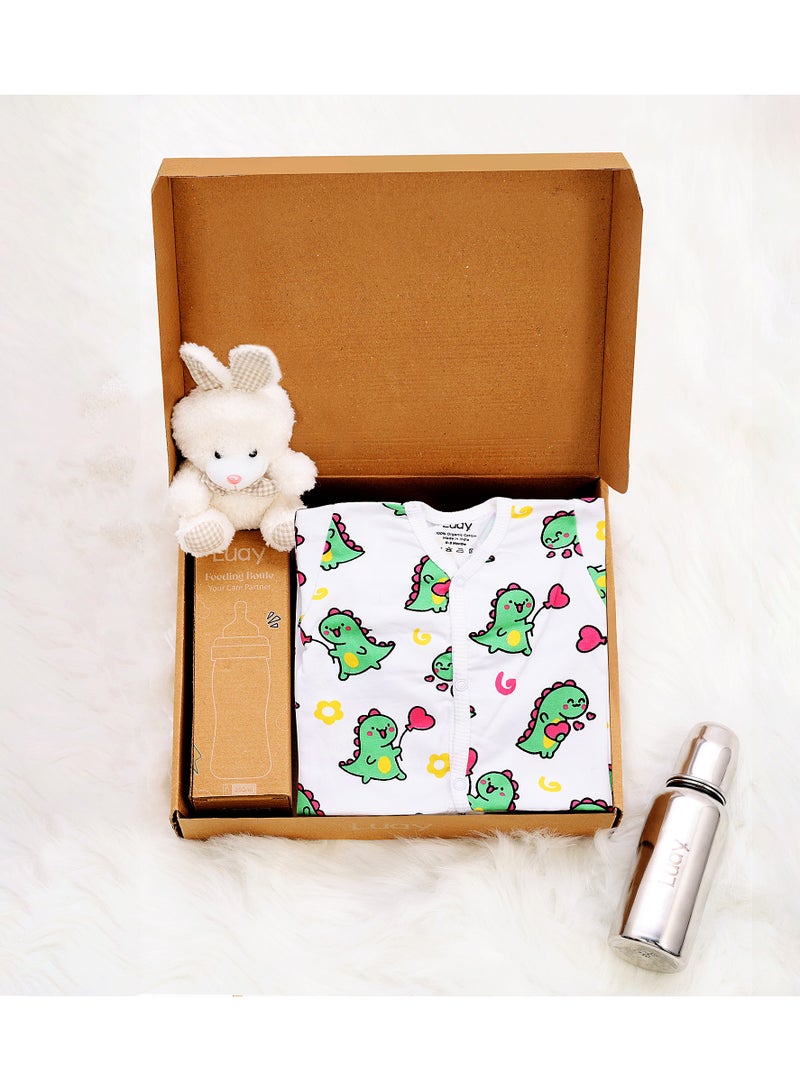 LUAY Premium Gift Box Set with The Baby Romper, Baby Feeding Bottle and Teddy Bear Best Hamper for Babies (9-12 M) - Image 1