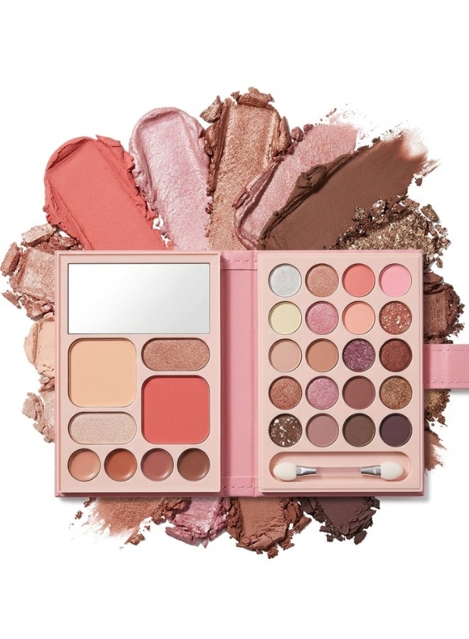Sandra Multi-Function Makeup Palette Wallet with Mirror 20 Eyeshadow Shades Blusher Face Powder and Highlighter SC607B Pink - Image 1