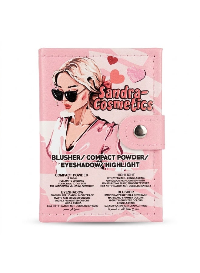 Sandra Multi-Function Makeup Palette Wallet with Mirror 20 Eyeshadow Shades Blusher Face Powder and Highlighter SC607B Pink - Image 2