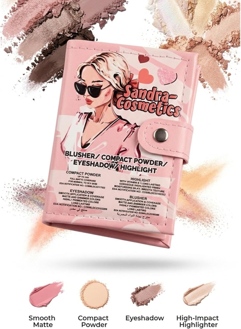 Sandra Multi-Function Makeup Palette Wallet with Mirror 20 Eyeshadow Shades Blusher Face Powder and Highlighter SC607B Pink - Image 3