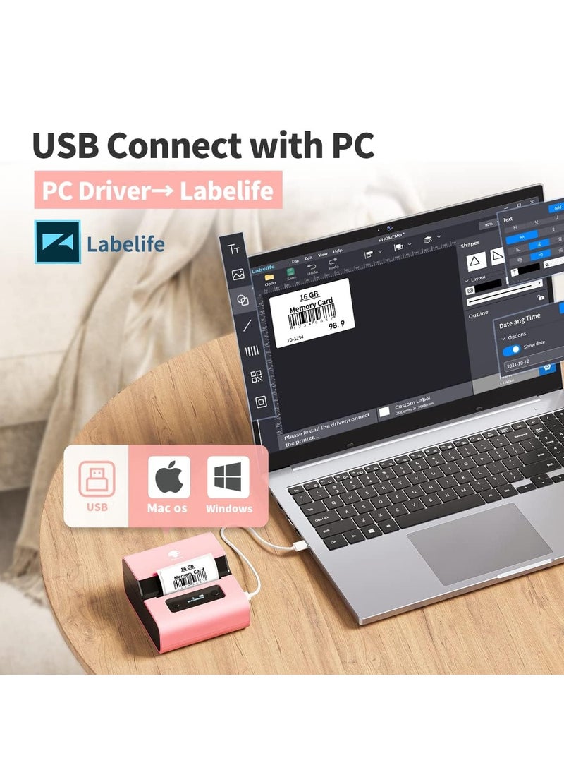 فوميمو طابعة ملصقات الباركود M221 3 انش طابعة حرارية بلوتوث للاعمال الصغيرة / الاستخدام المنزلي، للباركود والعنوان والشعار والبريد والملصقات، متوافقة مع الجوال والكمبيوتر الشخصي (وردي) - Image 3