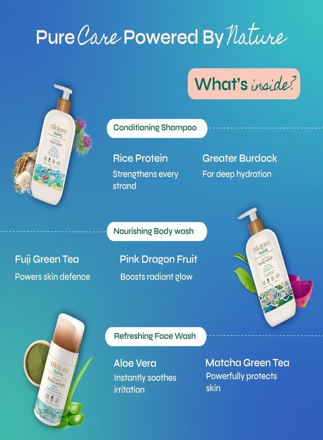 Tikitoro Teens Bath Essentials Combo Offer Pack - 300ml x 2 & 100ml x 1, Nourishing Body Wash, Conditioning Shampoo & Refreshing Face wash, 100% Vegan Natural Bath Sets For 11+-Year-Olds - Image 3
