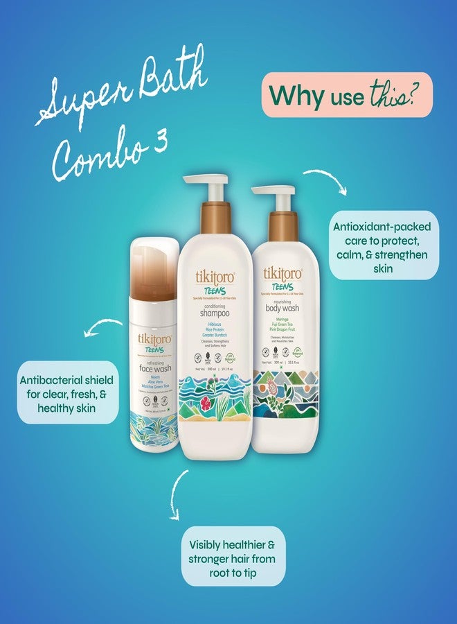 Tikitoro Teens Bath Essentials Combo Offer Pack - 300ml x 2 & 100ml x 1, Nourishing Body Wash, Conditioning Shampoo & Refreshing Face wash, 100% Vegan Natural Bath Sets For 11+-Year-Olds - Image 2