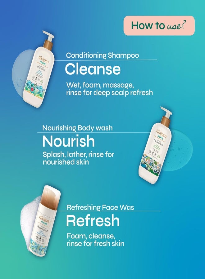 Tikitoro Teens Bath Essentials Combo Offer Pack - 300ml x 2 & 100ml x 1, Nourishing Body Wash, Conditioning Shampoo & Refreshing Face wash, 100% Vegan Natural Bath Sets For 11+-Year-Olds - Image 5