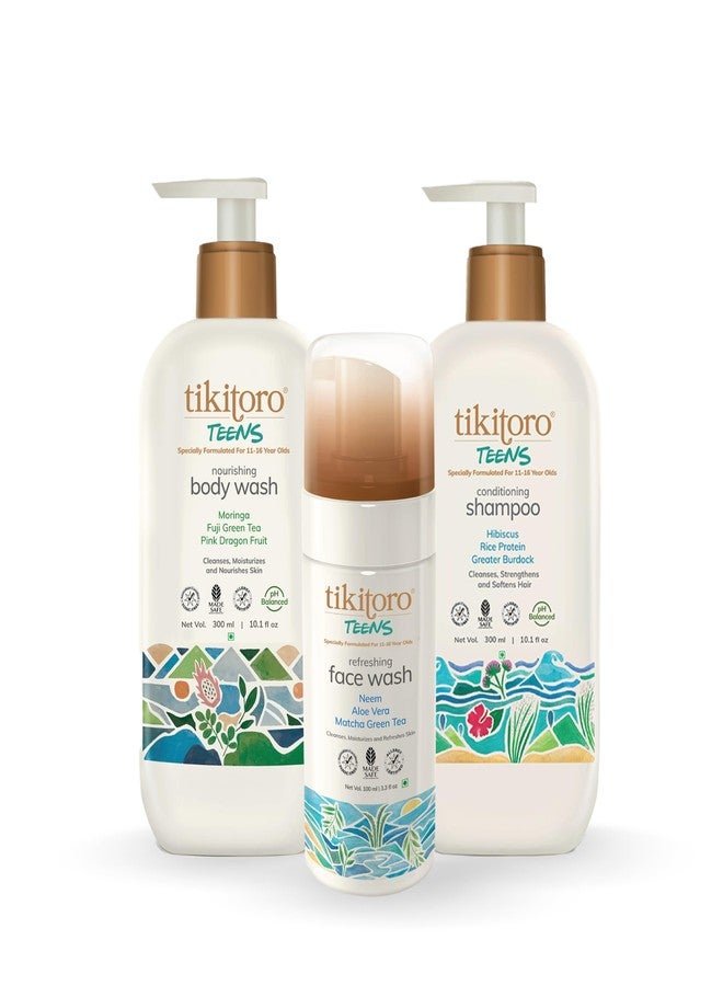 Tikitoro Teens Bath Essentials Combo Offer Pack - 300ml x 2 & 100ml x 1, Nourishing Body Wash, Conditioning Shampoo & Refreshing Face wash, 100% Vegan Natural Bath Sets For 11+-Year-Olds - Image 1