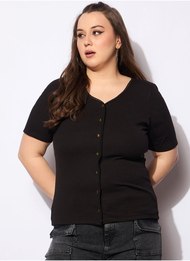 Plus Size V-Neck Buttoned Short Sleeve Top
