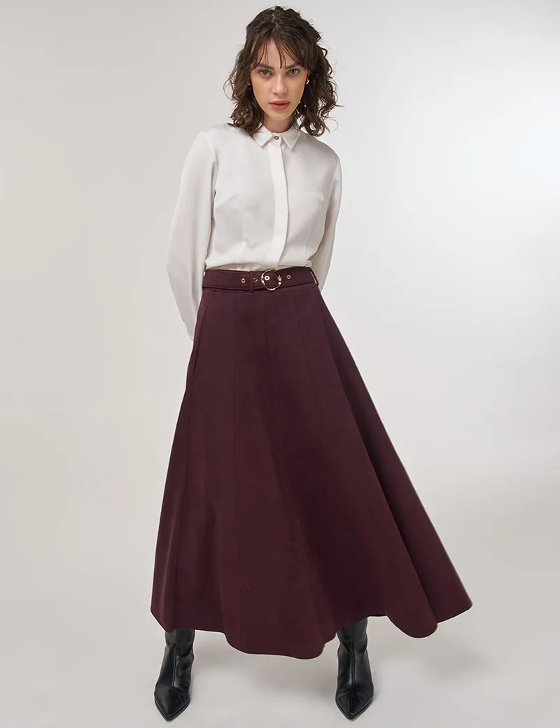 Kayra Flared Suede Skirt with Belt in Dark Burgundy