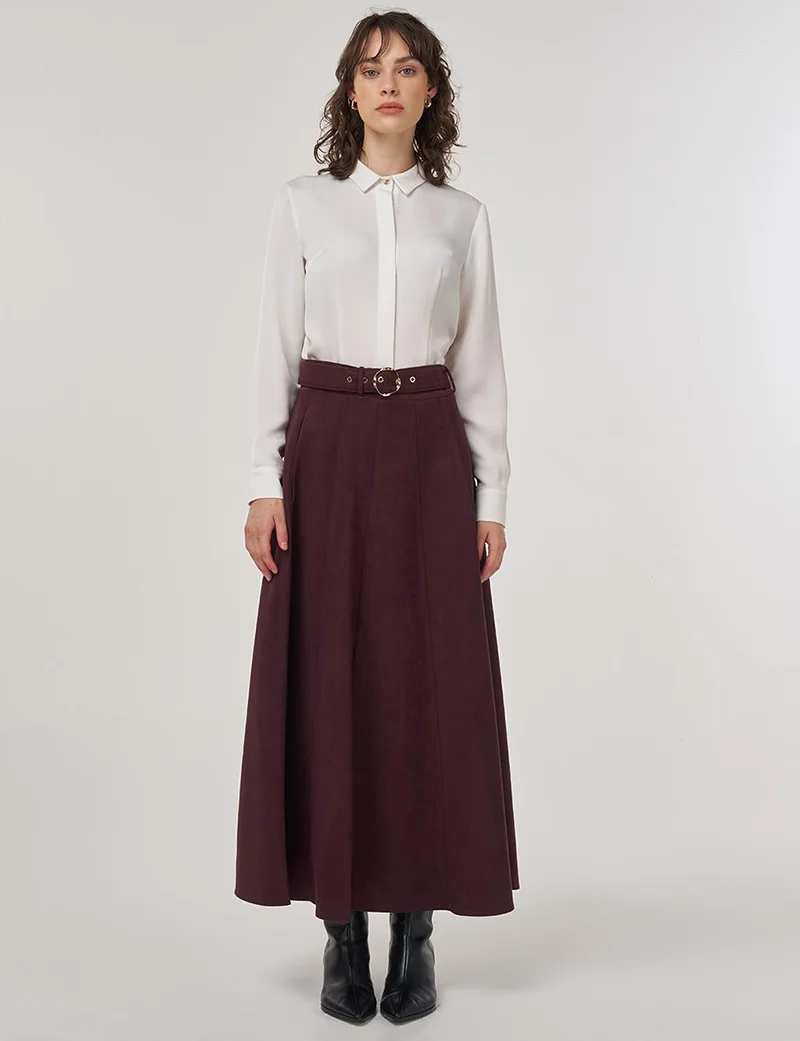 Kayra Flared Suede Skirt with Belt in Dark Burgundy