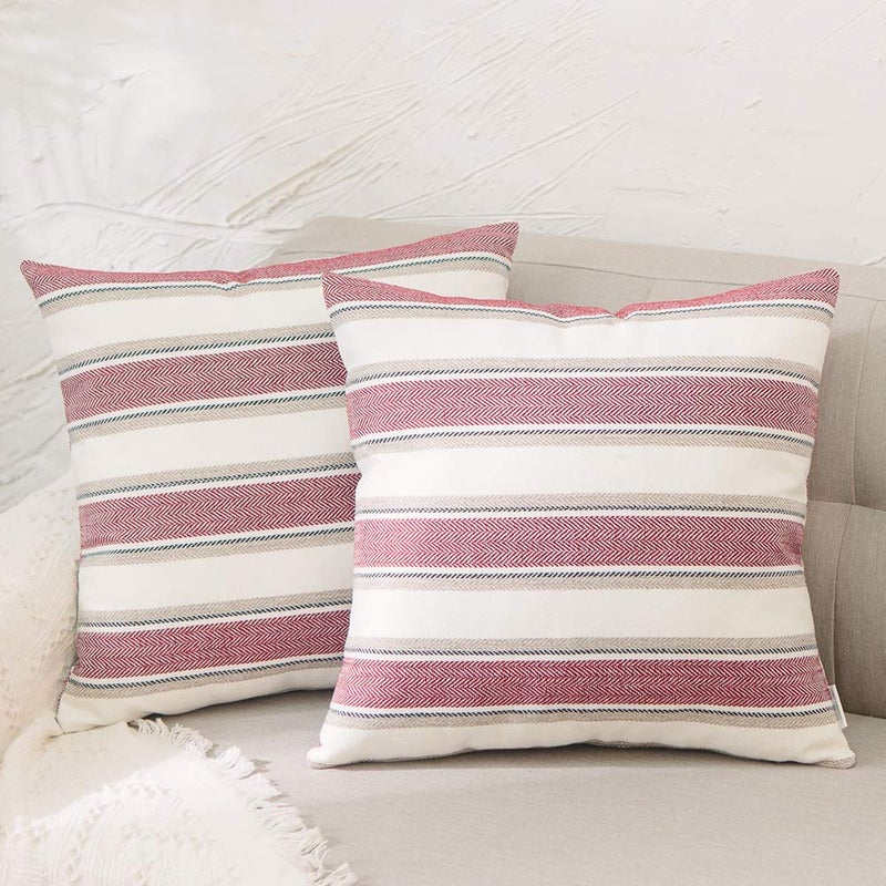 NATUS WEAVER 2 Pcs Stripe Pillow Case Soft Linen Square Decorative Throw Cushion Cover Pillowcase with Hidden Zipper for Sofa 24"" x 24 "" - Image 1