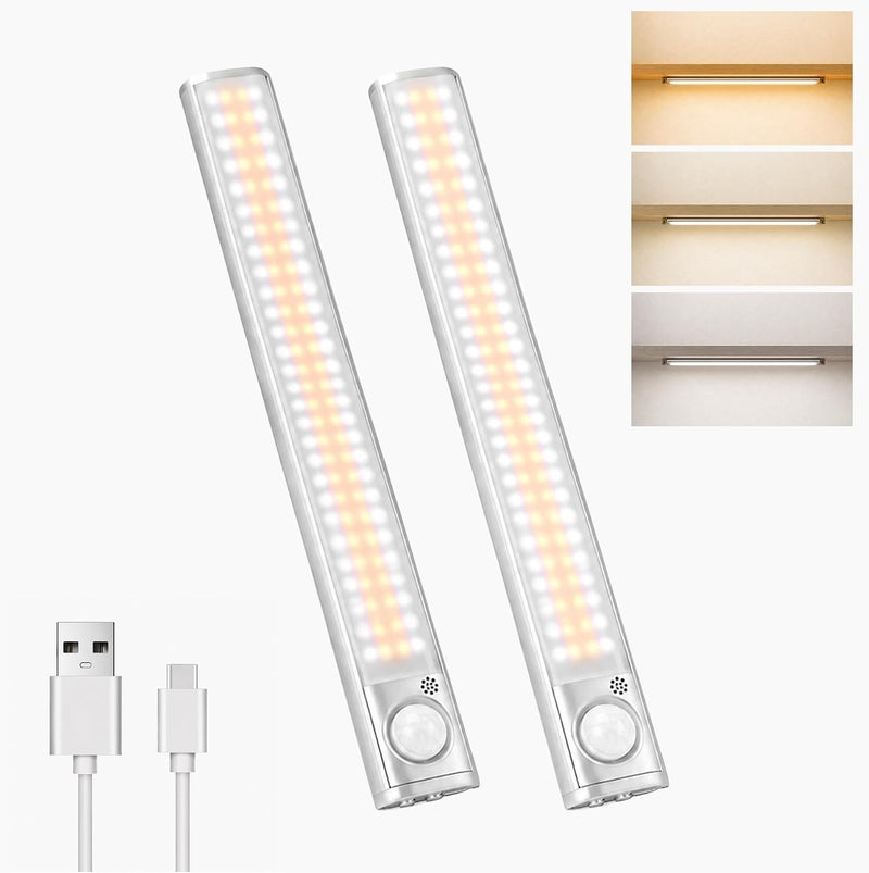 رايتشر مصباح ليلي LED مع حساس حركة – قابل للشحن عبر USB، تركيب مغناطيسي، أوضاع ثلاثية الألوان، ضوء ليلي لاسلكي للمطبخ، غرفة النوم، الخزانة، الدرج، الممر (120 LED ثلاثية الألوان مصباح مزدوج) - Image 1