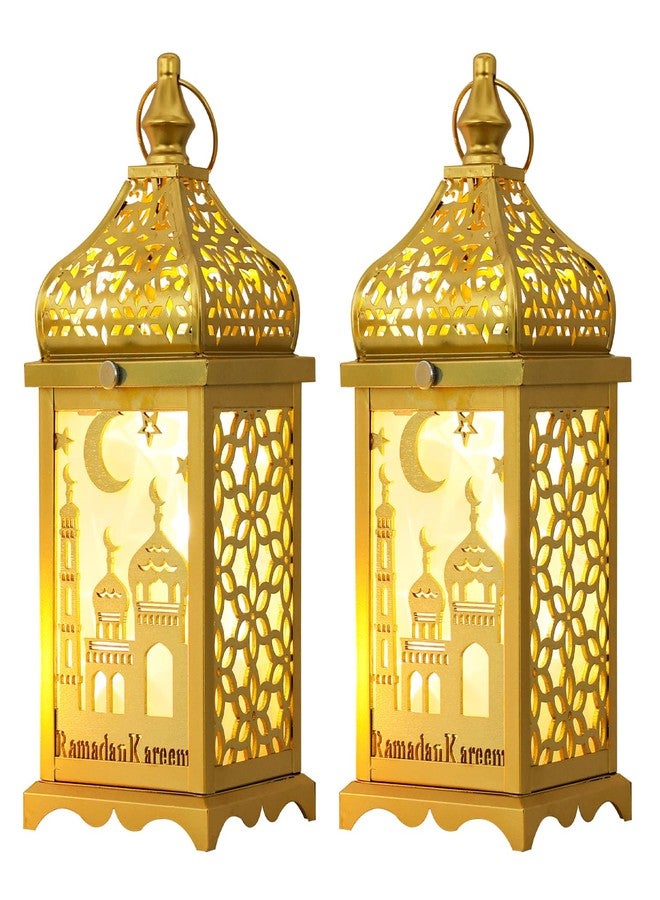 DECORKEY Ramadan Decorations for Home, 2Pcs 14'' Decorative Candle Lantern for Tabletop Mantel Decor, Vintage Metal Lantern Candle Holders for Indoor Outdoor Decor, EID Mubarak Gift - Image 1