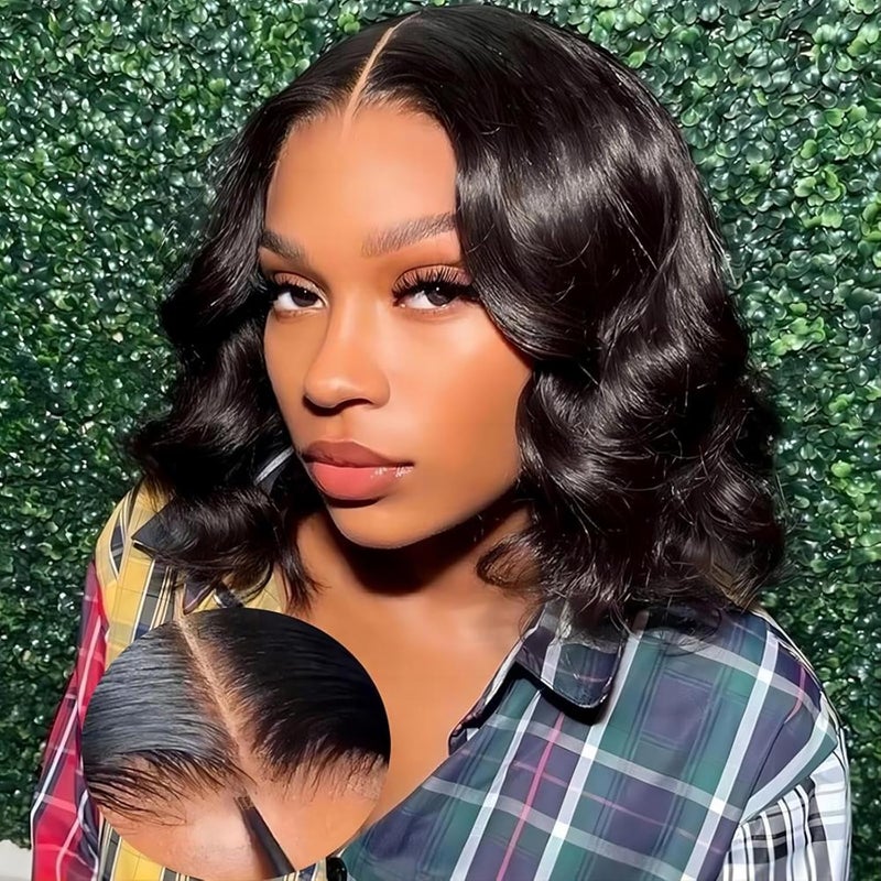 ISEE Wear and Go Glueless Wigs Human Hair Pre Plucked Pre Cut Short Bob Body Wave Lace Front Wigs Human Hair for Women Upgraded Glueless Bob Wig No Glue 6x4 HD Lace Closure Wigs 16 Inch