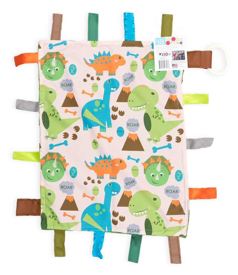 The Learning Lovey Baby Sensory Security Teething Closed Ribbon Tag Lovey Blanket with Minky Dot Fabric 14X18 Dinosaurs