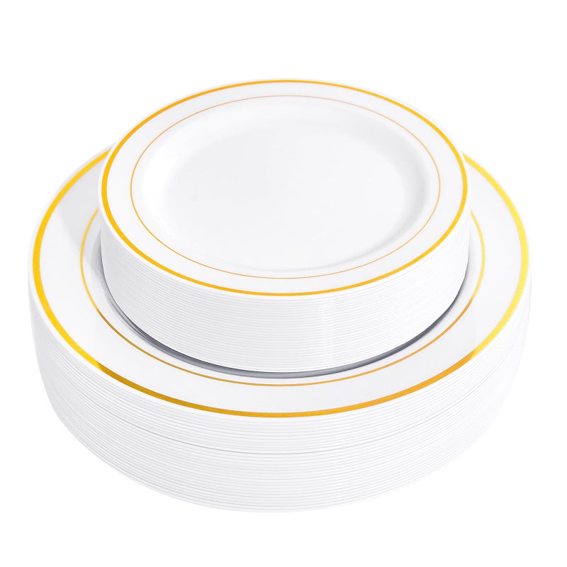 FLOWERCAT 60PCS Gold Plastic Plates Heavy Duty White and Gold Plastic Plates Disposable for New Year PartyWedding Include 30PCS 1025 Dinner Plates and 30PCS 75 Dessert Plates