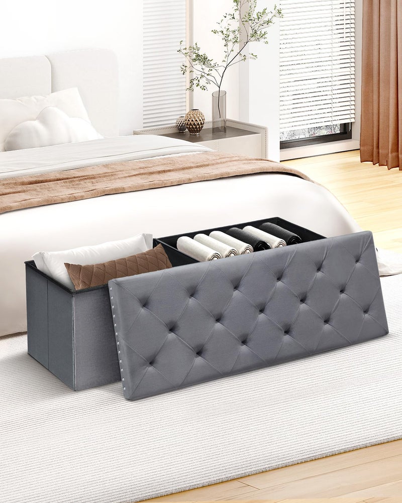 B FSOBEIIALEO Storage Ottoman Bench, Folding Tufted Ottomans with Storage, Extra Large 140L Footrest Bench for Bedroom, Luxury Velvet Fabric 43 Inches Grey - Image 2