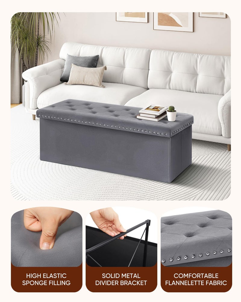B FSOBEIIALEO Storage Ottoman Bench, Folding Tufted Ottomans with Storage, Extra Large 140L Footrest Bench for Bedroom, Luxury Velvet Fabric 43 Inches Grey - Image 4