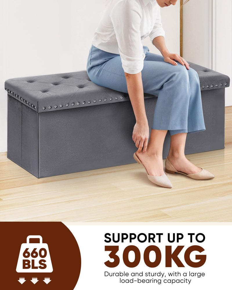 B FSOBEIIALEO Storage Ottoman Bench, Folding Tufted Ottomans with Storage, Extra Large 140L Footrest Bench for Bedroom, Luxury Velvet Fabric 43 Inches Grey - Image 3