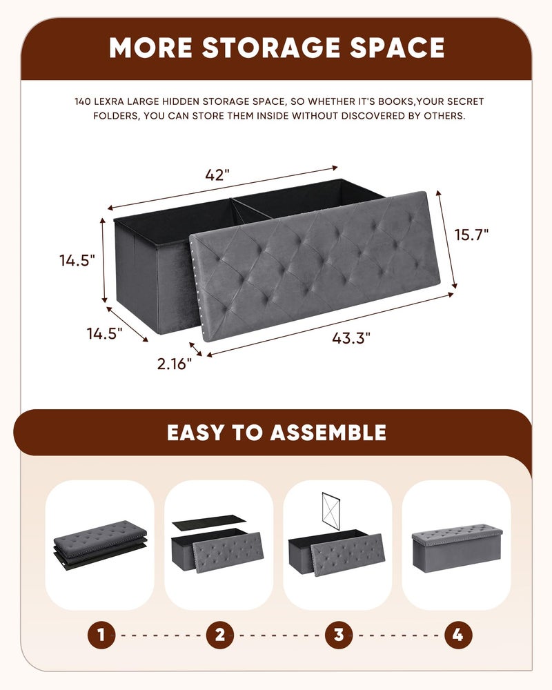 B FSOBEIIALEO Storage Ottoman Bench, Folding Tufted Ottomans with Storage, Extra Large 140L Footrest Bench for Bedroom, Luxury Velvet Fabric 43 Inches Grey - Image 5