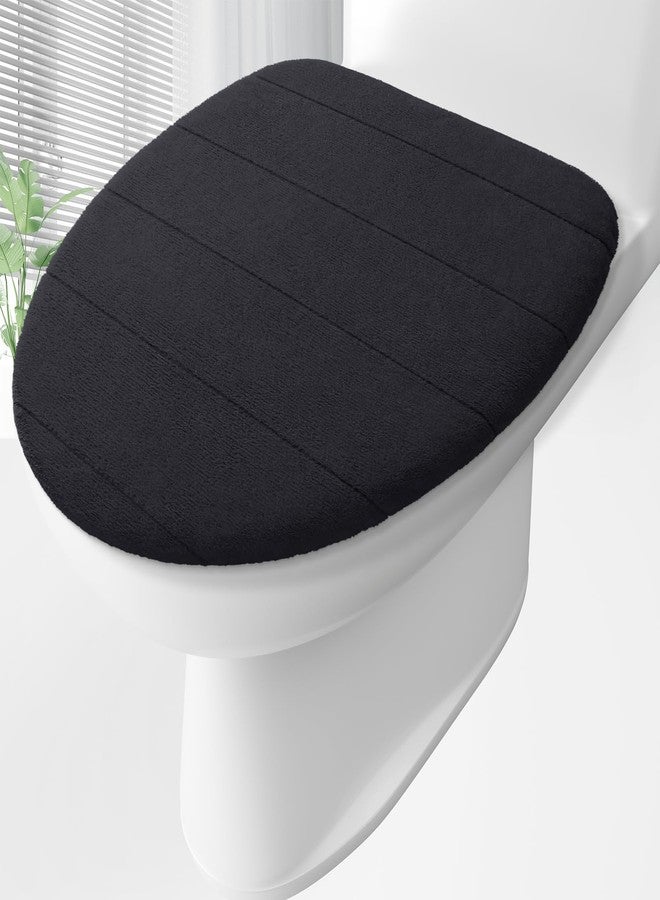Buganda Straight Stripes Toilet Lid Cover, 20.8 x 18.9, Stays in Place with Elastic Edges, Soft Velvet Bathroom Seat Covers, Fits Most Round, Elongated and Oblong Lids, Accessories Decor, Black - Image 1