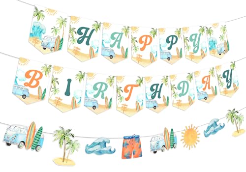 Balterever Summer Surfing Birthday Party Decorations Vintage Surfing Happy Birthday Banner Bunting Surfboard Banner for Summer Hawaiian Beach Birthday Decoration Swimming Pool Hawaii Party Supplies - Image 1