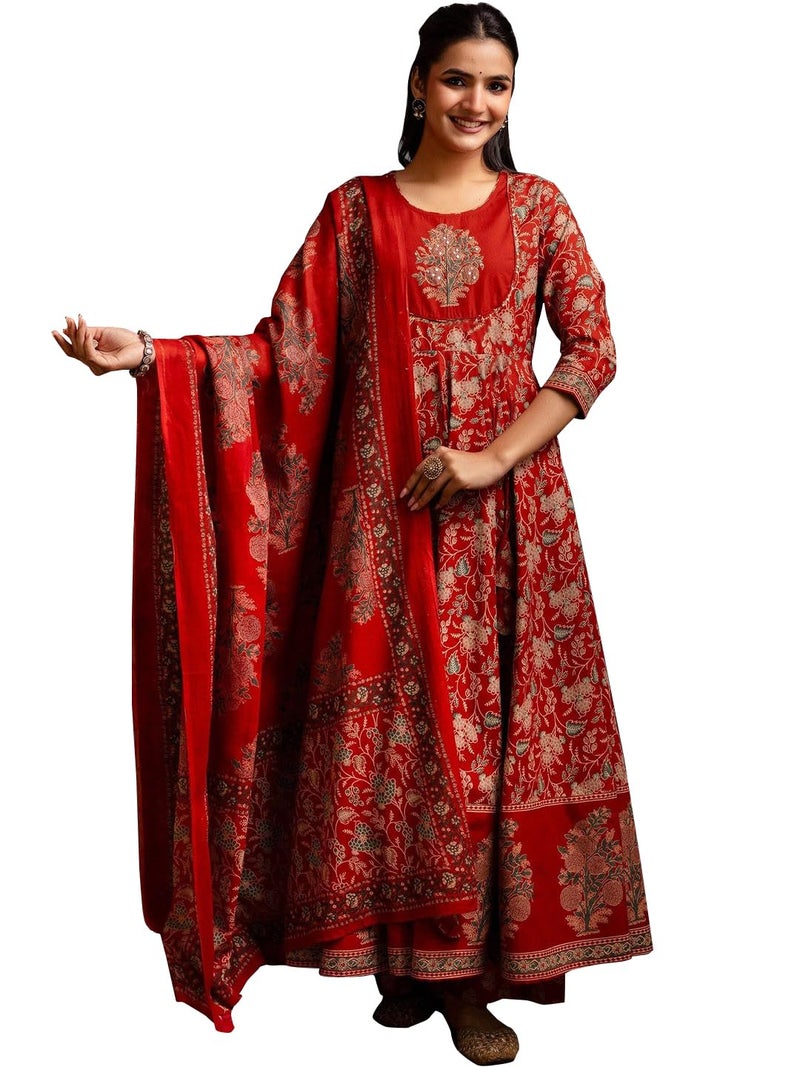 GoSriKi Women's Rayon Viscose Printed Anarkali Kurta Pant with Dupatta (FRITHA RED-GS_XL_Red_X-Large) - Image 1