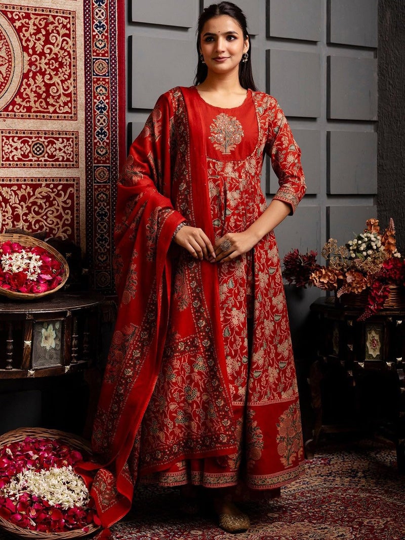 GoSriKi Women's Rayon Viscose Printed Anarkali Kurta Pant with Dupatta (FRITHA RED-GS_XL_Red_X-Large) - Image 3