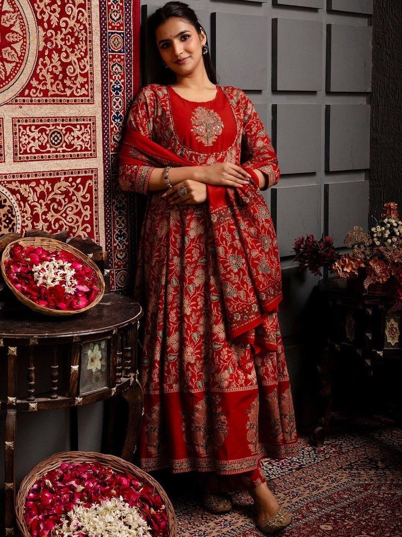 GoSriKi Women's Rayon Viscose Printed Anarkali Kurta Pant with Dupatta (FRITHA RED-GS_XL_Red_X-Large) - Image 4