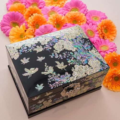 February Mountain Mother-of-Pearl Jewelry Box – Handcrafted Bird & Floral Design, Two-Tier Organizer with Mirror, Black Lacquer Finish, Red Velvet Interior – Christmas Gift for Women - Image 3