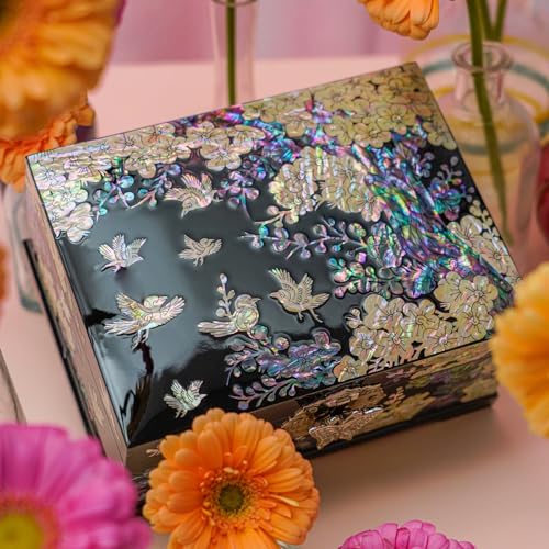 February Mountain Mother-of-Pearl Jewelry Box – Handcrafted Bird & Floral Design, Two-Tier Organizer with Mirror, Black Lacquer Finish, Red Velvet Interior – Christmas Gift for Women - Image 2