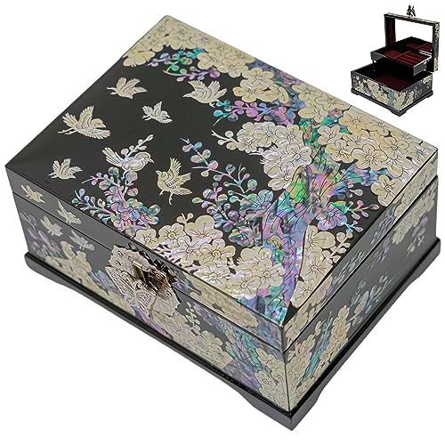 February Mountain Mother-of-Pearl Jewelry Box – Handcrafted Bird & Floral Design, Two-Tier Organizer with Mirror, Black Lacquer Finish, Red Velvet Interior – Christmas Gift for Women - Image 1