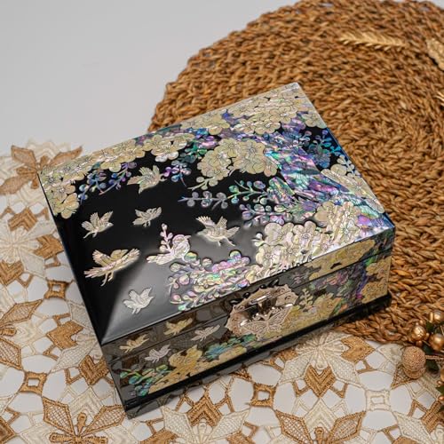 February Mountain Mother-of-Pearl Jewelry Box – Handcrafted Bird & Floral Design, Two-Tier Organizer with Mirror, Black Lacquer Finish, Red Velvet Interior – Christmas Gift for Women - Image 5