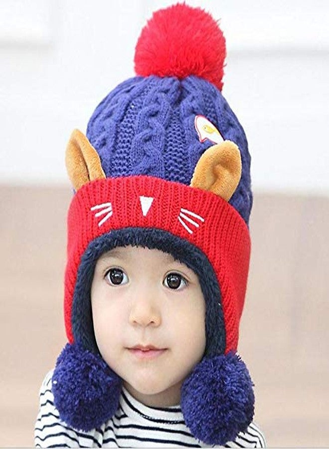 V3E مجموعة قبعة وشال محبوك للأطفال الصغار 2 قطعة، قبعة دافئة بأذنين لطيفة على شكل قطة كرتونية شتوية وشال للأطفال من 1-5 سنوات (أزرق داكن) - Image 4