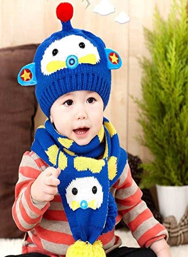 V3E مجموعة قبعة وشال محبوك للأطفال الصغار 2 قطعة، قبعة دافئة بأذنين لطيفة على شكل قطة كرتونية شتوية وشال للأطفال من 1-5 سنوات (أزرق داكن) - Image 2