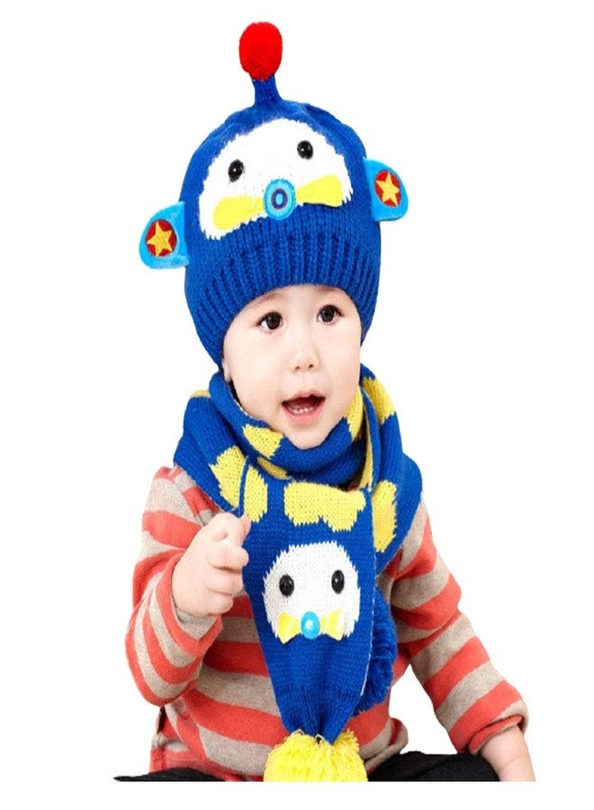 V3E مجموعة قبعة وشال محبوك للأطفال الصغار 2 قطعة، قبعة دافئة بأذنين لطيفة على شكل قطة كرتونية شتوية وشال للأطفال من 1-5 سنوات (أزرق داكن) - Image 1