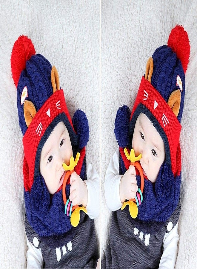 V3E مجموعة قبعة وشال محبوك للأطفال الصغار 2 قطعة، قبعة دافئة بأذنين لطيفة على شكل قطة كرتونية شتوية وشال للأطفال من 1-5 سنوات (أزرق داكن) - Image 5