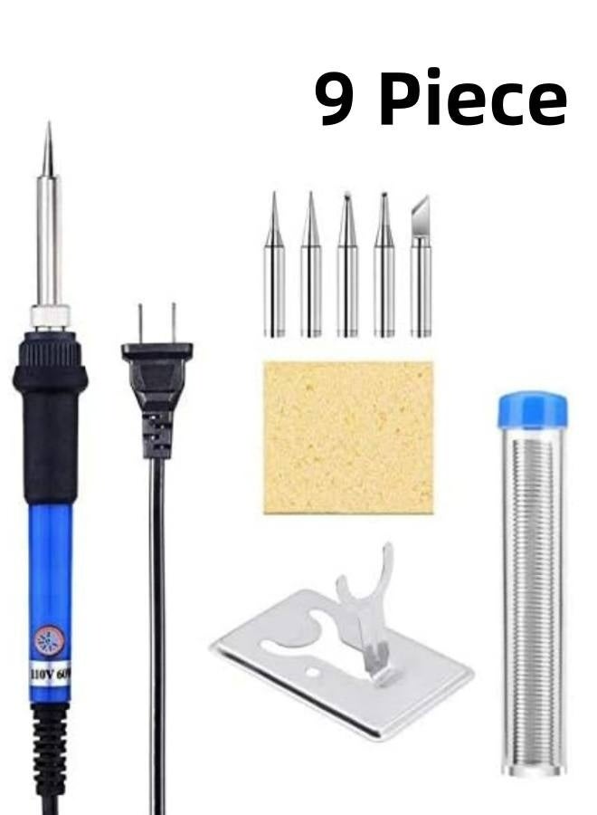 9 Piece Welding iron kit, 60W Welding iron kit, including 5 Replacement Welding iron Heads, iron Frame, tin Wire and Sponge - Image 1