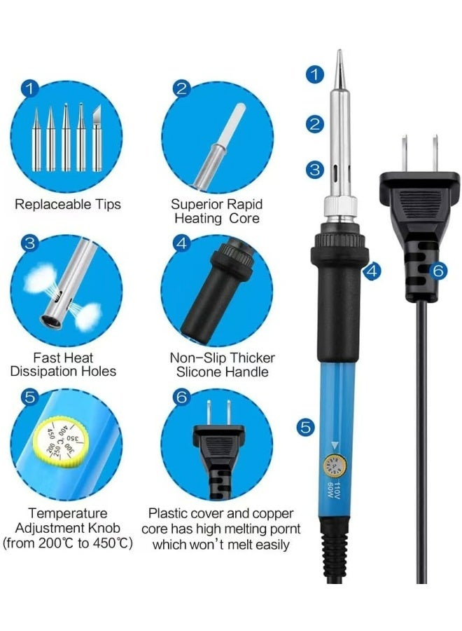 9 Piece Welding iron kit, 60W Welding iron kit, including 5 Replacement Welding iron Heads, iron Frame, tin Wire and Sponge - Image 2