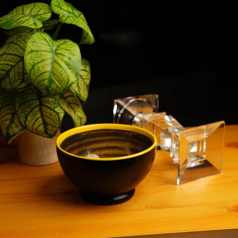 Caffeine Ceramic Handmade Matte Black & Glossy Brown with Yellow Rim Nut Serving Bowl (Set of 1) - Image 2