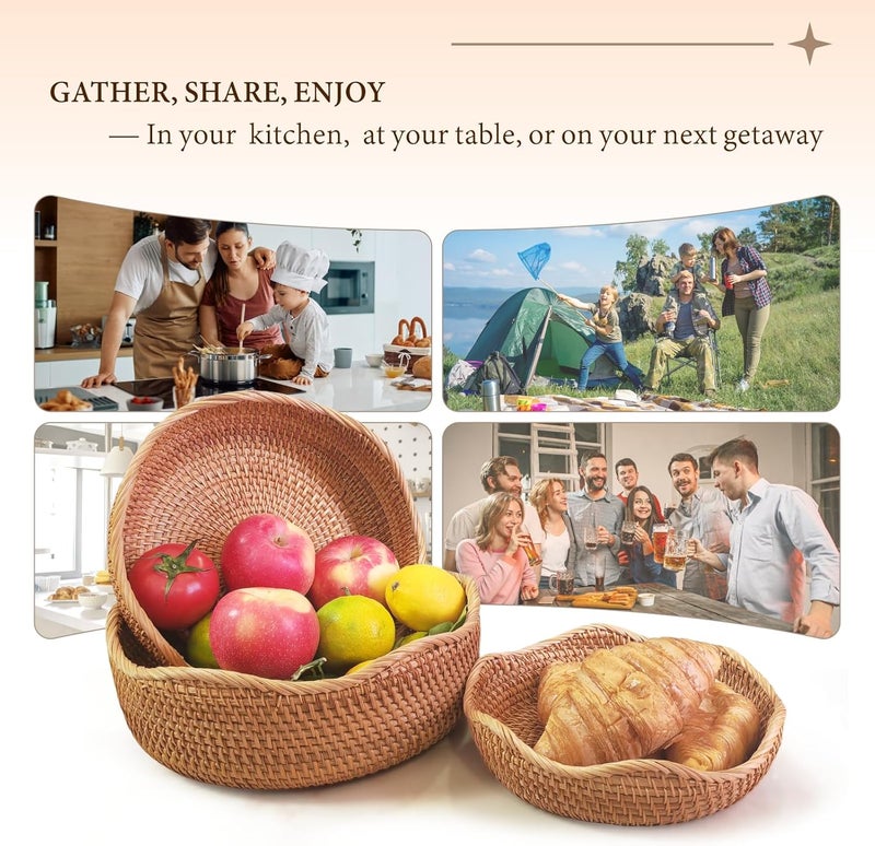 Oavostd Rattan Bread Basket for Fruit, Natural Wicker Fruit Basket for Kitchen Counter, Hand Woven Wicker Food Baskets, Bread Baskets for Serving, gift basket for gifts, Vegetable, Snack, Etc.(Wave-Medium) - Image 2