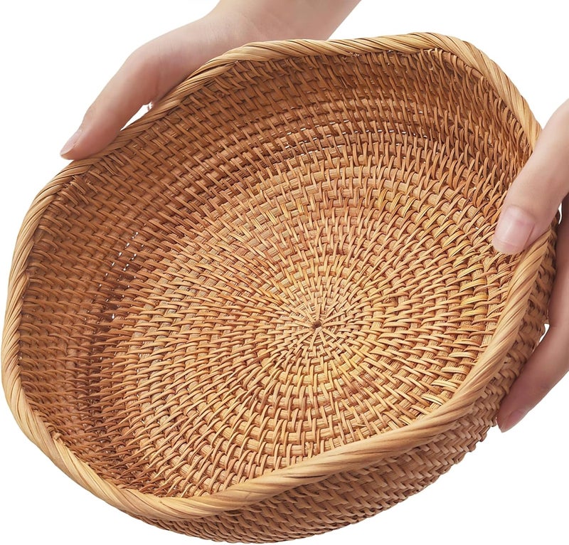 Oavostd Rattan Bread Basket for Fruit, Natural Wicker Fruit Basket for Kitchen Counter, Hand Woven Wicker Food Baskets, Bread Baskets for Serving, gift basket for gifts, Vegetable, Snack, Etc.(Wave-Medium) - Image 1