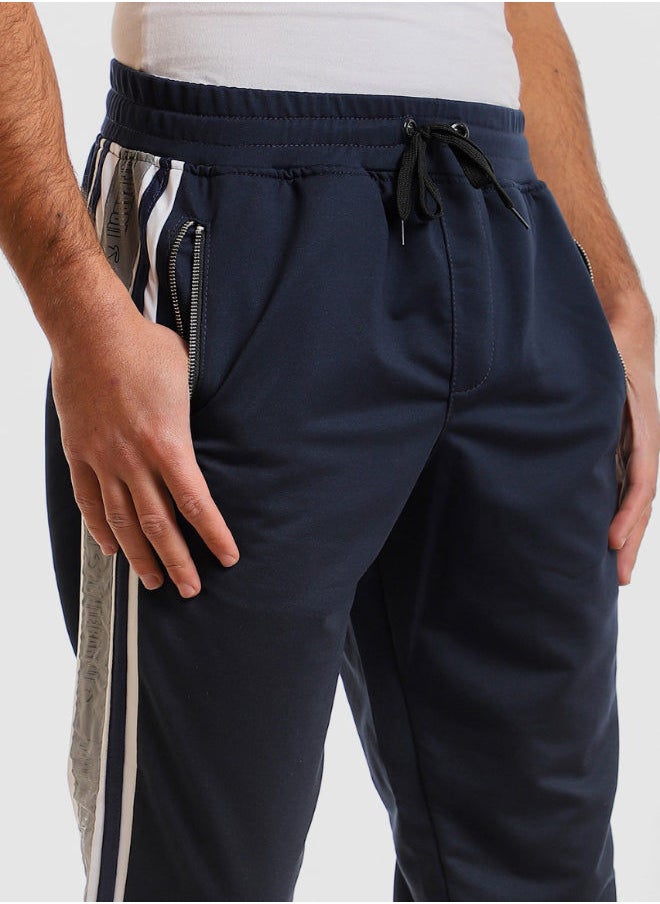 Printed Side Lined Elastic Waist Pants - Navy Blue