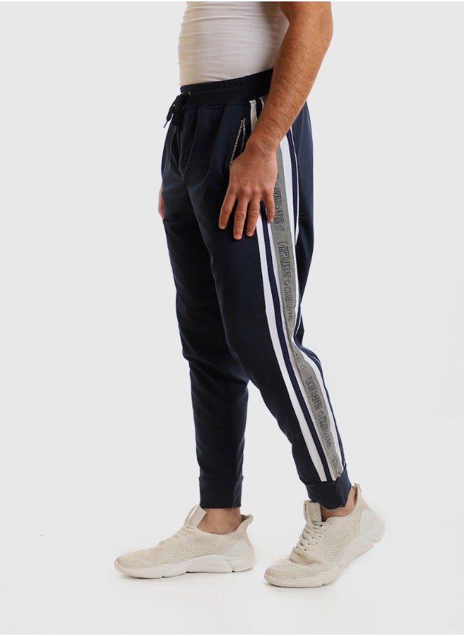Printed Side Lined Elastic Waist Pants - Navy Blue