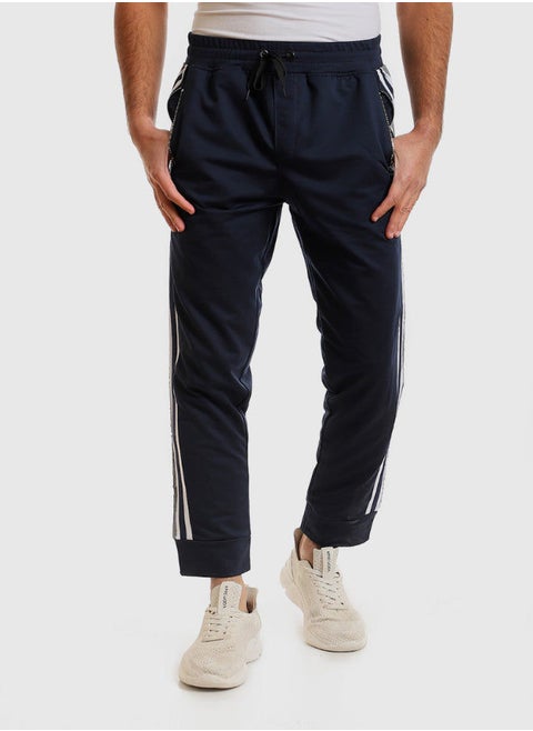 Printed Side Lined Elastic Waist Pants - Navy Blue