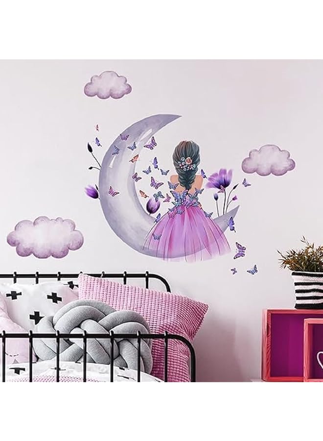 إيروريكس ملصقات حائط للبنات الصغار على شكل زهرة أرجوانية على شكل فراشة وقمر وسحابة وملصقات حائط ملونة لغرفة البنات وغرفة نوم الأطفال وغرفة اللعب - Image 1