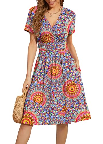 WEACZZY Womens Summer Dress Short Sleeve Casual Dresses V-Neck Floral Sundress with Pockets, Floral Peacock Blue, Medium - Image 5